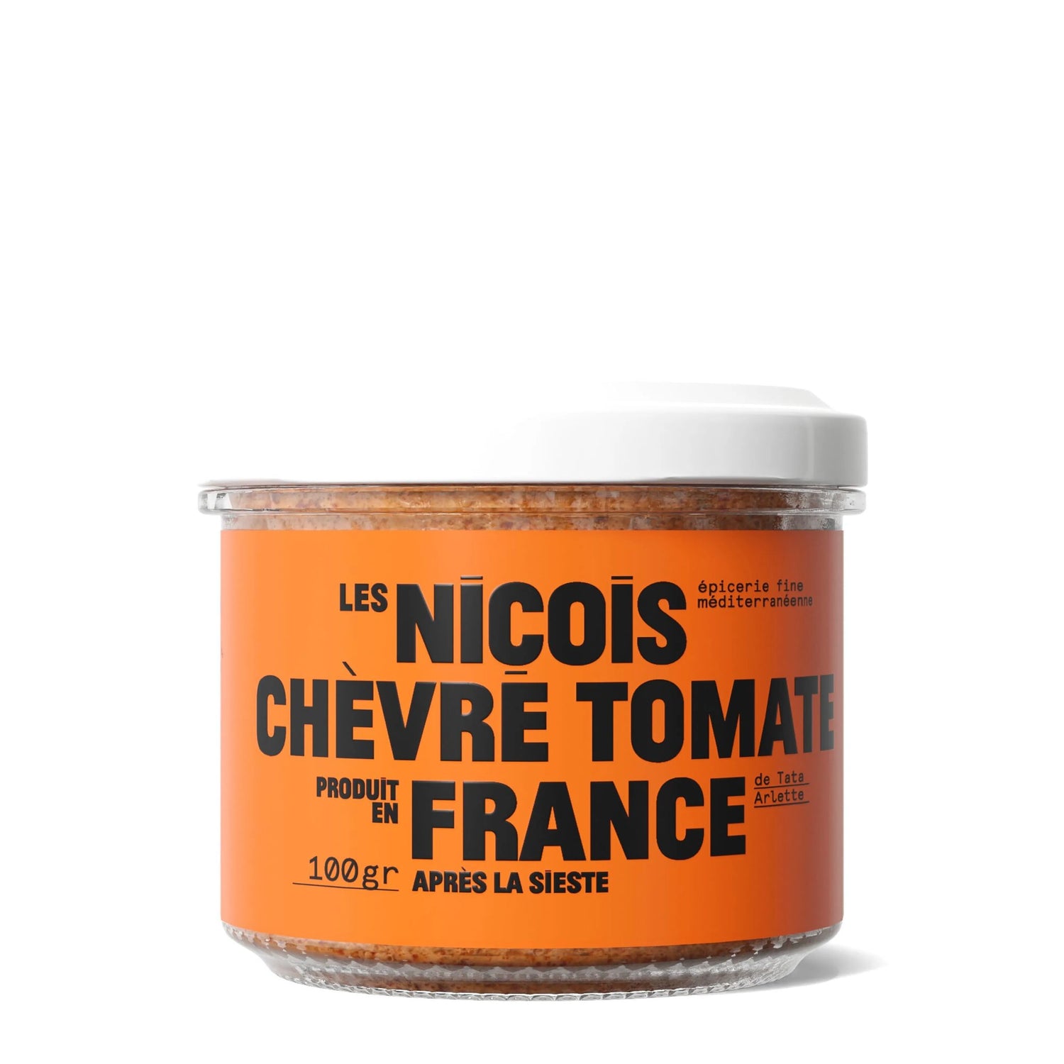 Tarro de dip de tomate y queso de cabra sobre fondo blanco con etiqueta de color naranja y tipografía negra con el nombre del producto.