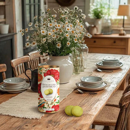 Salón rústico y sobre la mesa se encuentra la lata y dos galletas de mantequilla con crema de pistacho de Lady Joseph.