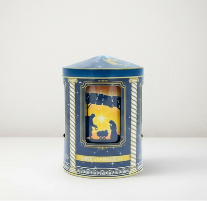 elegante lata navideña de carrusel musical con diseño azul de los reyes magos