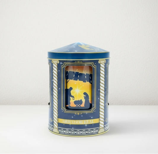 elegante lata navideña de carrusel musical con diseño azul de los reyes magos