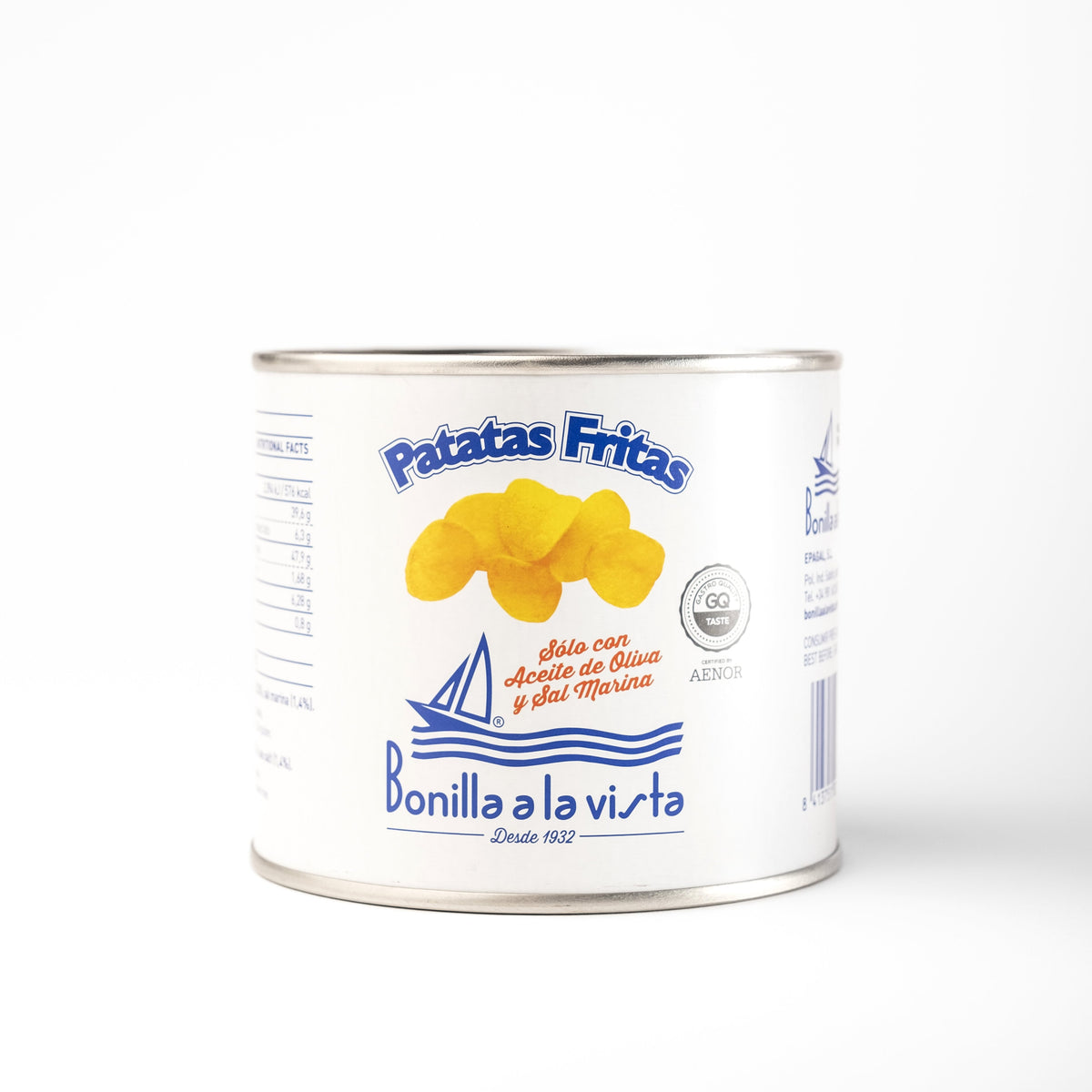 Lata pequeña de patatas fritas Bonilla a la vista, lata blanca con tipografía y logo en azul, acompañados de patatas. En D'12 Gourmet.