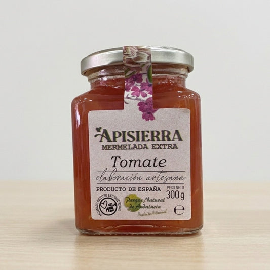 Tarro de mermelada de Tomate con etiqueta tradicional con las caraterísticas del productos.