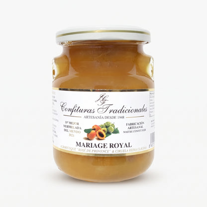 Frasco transparente de confitura tradicional Mariage Royal con etiqueta blanca, dejando ver el producto y mostrando la ilustración de la fruta junto a la marca.