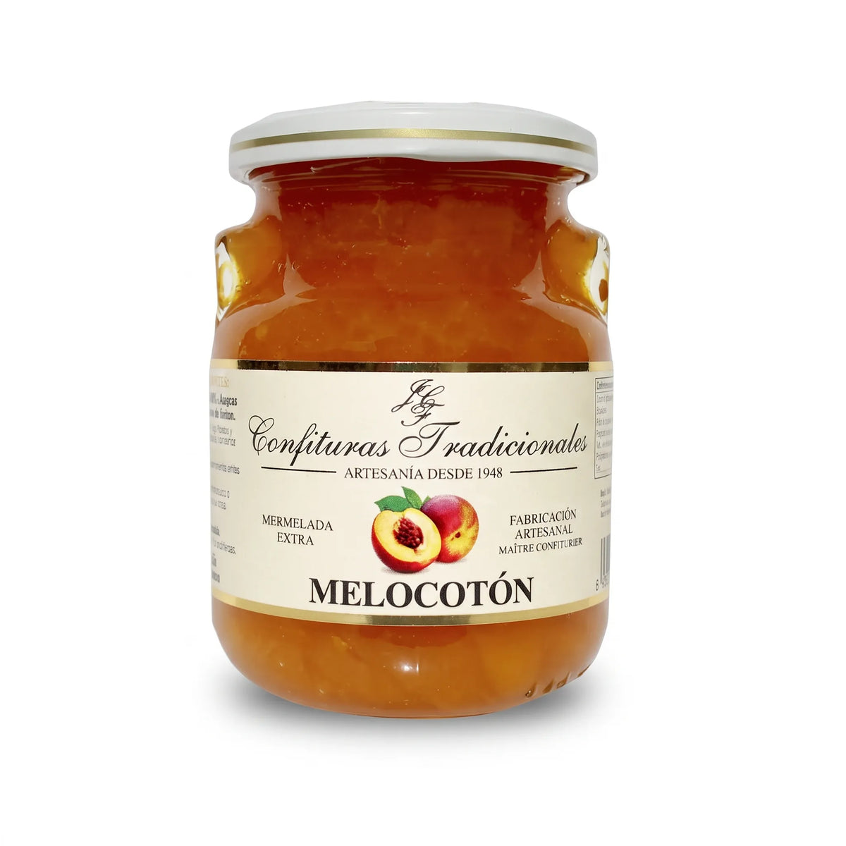 Frasco transparente de confitura tradicional de melocotón con etiqueta blanca, dejando ver la mermelada y mostrando la ilustración de melocotones junto a la marca.