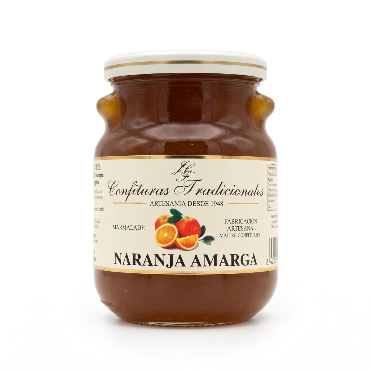 Frasco transparente de confitura tradicional de naranja amarga con etiqueta blanca, dejando ver la mermelada y mostrando la ilustración de naranjas junto a la marca.