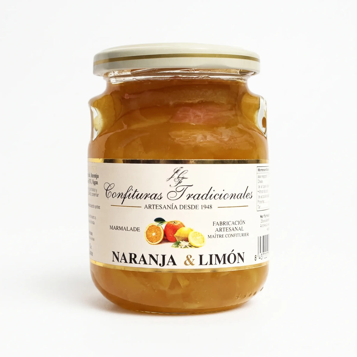 Frasco transparente de confitura tradicional de naranja & limón con etiqueta blanca, dejando ver la mermelada y mostrando la ilustración de naranjas junto a la marca.