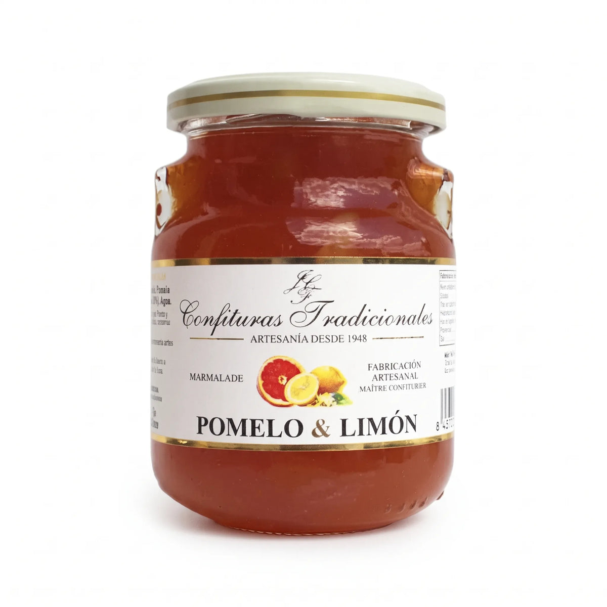 Frasco transparente de confitura tradicional de pomelo & limón con etiqueta blanca, dejando ver la mermelada y mostrando la ilustración de las frutas junto a la marca.