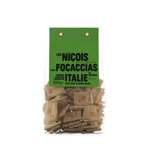 Focaccia de romero auténticas italianas, en bolsa donde deja ver el producto y etiqueta verde con letras negras.