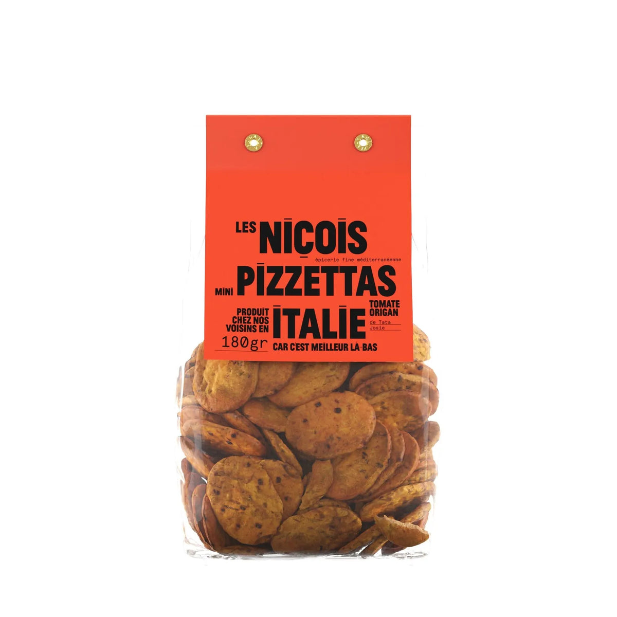 Bolsa de mini pizzetas de tomate y orégano de Les Niçois sobre fondo de estudio, envasadas en un empaque transparente que deja apreciar el intenso color rojo de estas mini focaccias, luciendo una etiqueta grande en color rojo con tipografía en negro en D'12 Gourmet