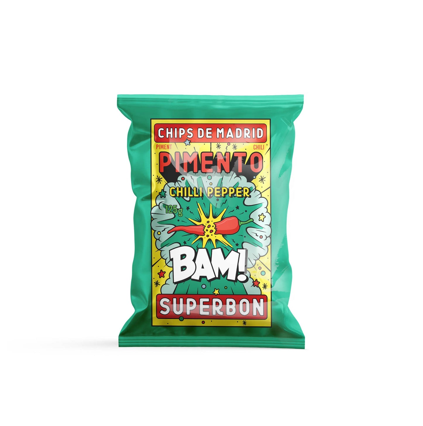 Bolsa de patatas fritas con chilli de Superbon. Bolsa verde con un chili roto en el centro, todo con colores llamativos y explosivos.