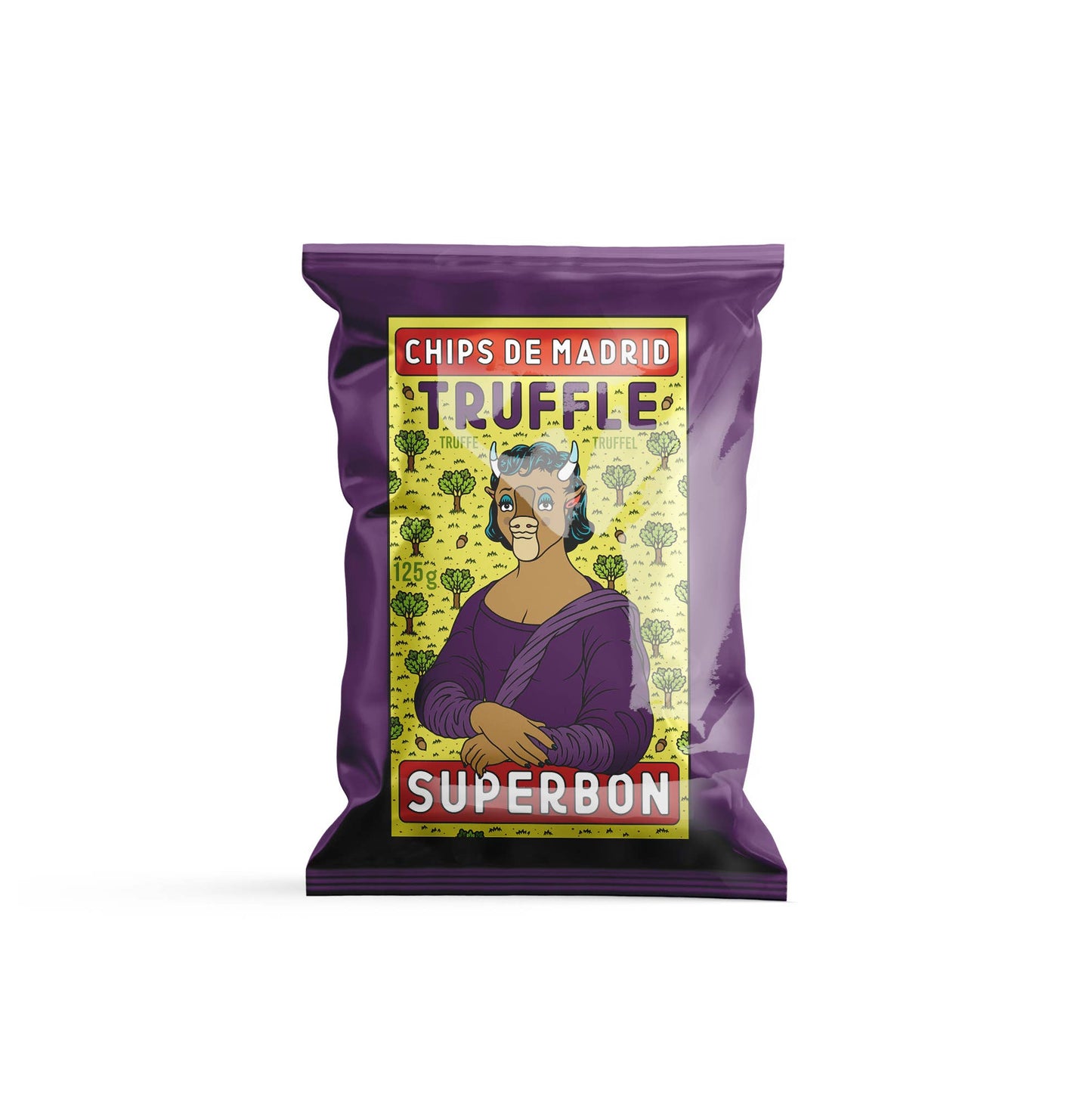 Bolsa de patatas fritas sabor trufa Superbon sobre fondo blanco, con envase de color morado y una ilustración central de una vaca humanizada inspirada en la Mona Lisa, acompañada de una tipografía moderna y llamativa.