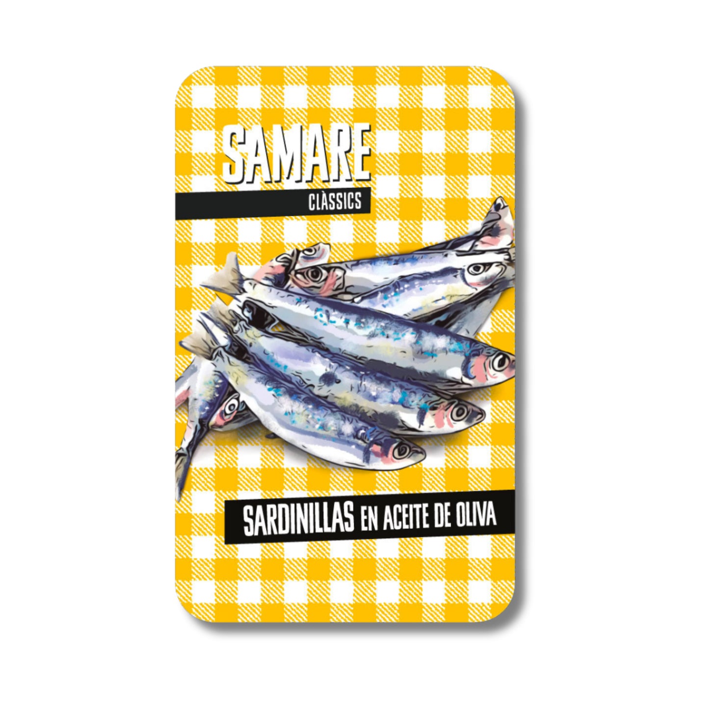 Envase amarillo de Sardinillas en aceite de oliva con motivos de mantel clásico