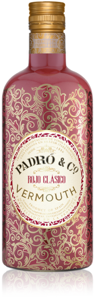 Botella de vermut Padró & Co rojo clásico. Una botella muy elegante roja con detalles dorados.