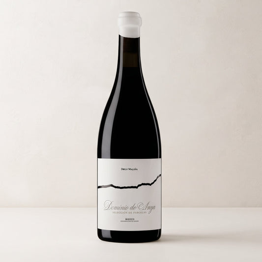 Botella de vino tinto Dominio de Anza Selección de Parcelas 2024 de frente sobre fondo de estudio, con etiqueta blanca de estilo clásico y tipografía negra.