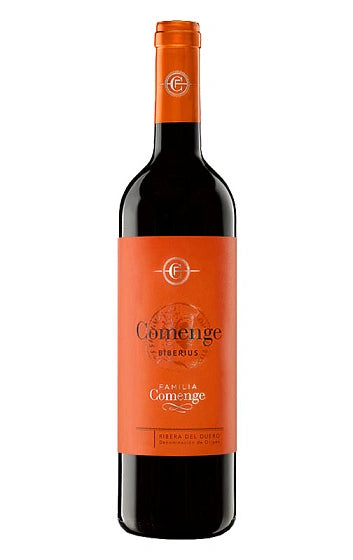 Botella de vino tinto Comenge Biberius con denominación de origen Ribera del duero 100% Tempranillo. De color naranja la etiqueta y el tapón con letras negras y doradas.