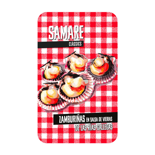 Envase rojo con motivos de mantel antiguo de zamburiñas en salsa de vieira